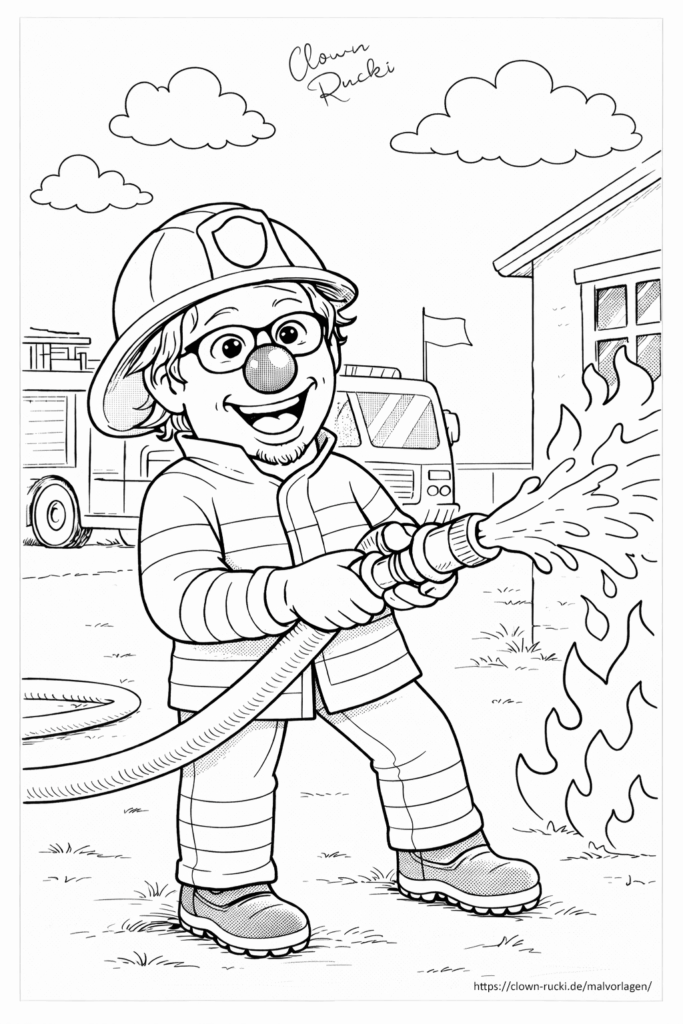 Malvorlage - Clown Rucki als Feuerwehrmann